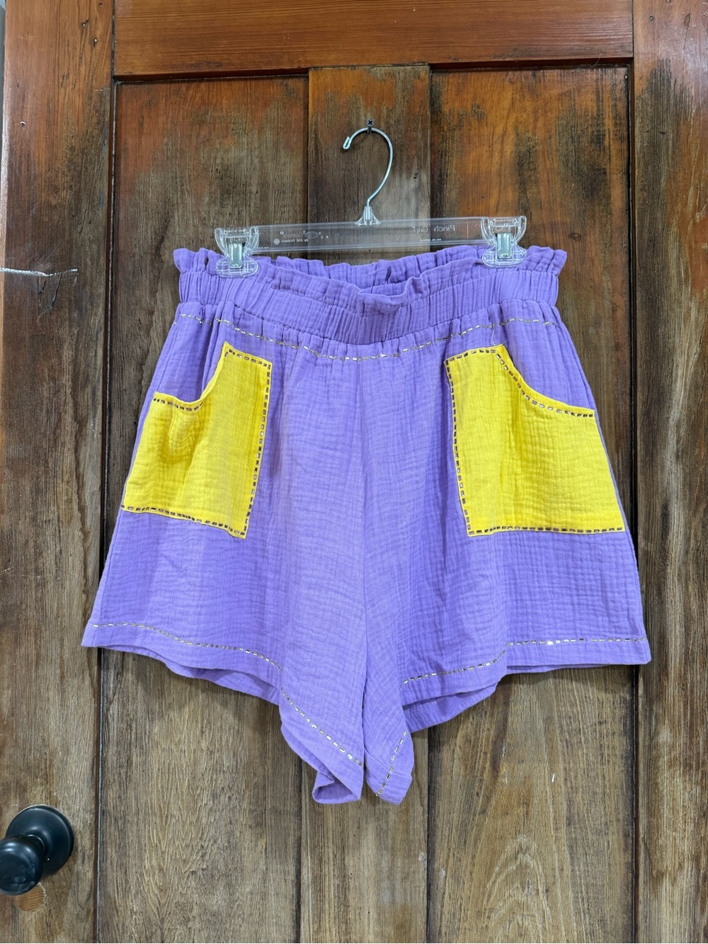 QUEEN OF SPARKLES Lavender Athletic Shorts with Yellow Pockets